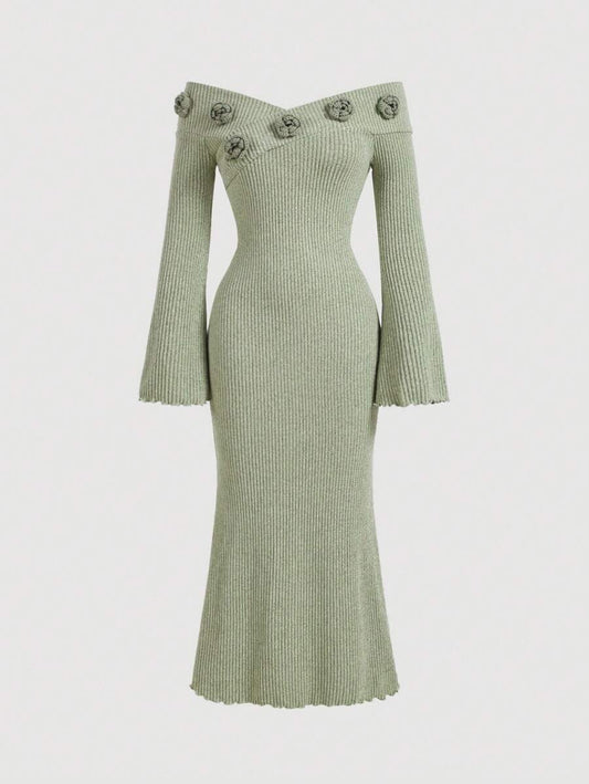 SHEIN MOD فستان كنزة طويل كتف مكشوف أخضر زيتوني