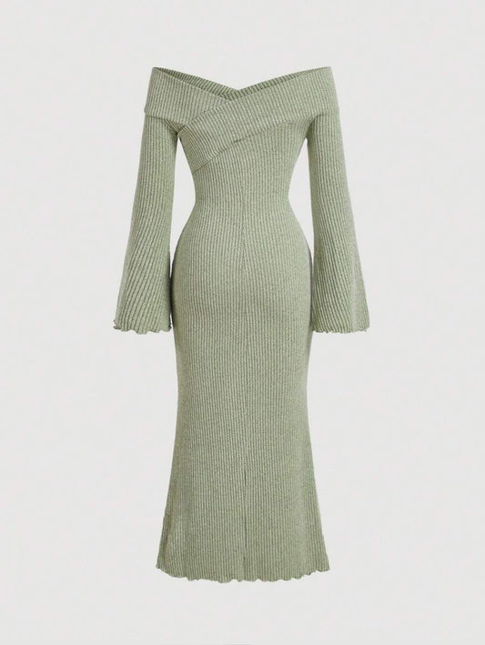 SHEIN MOD فستان كنزة طويل كتف مكشوف أخضر زيتوني