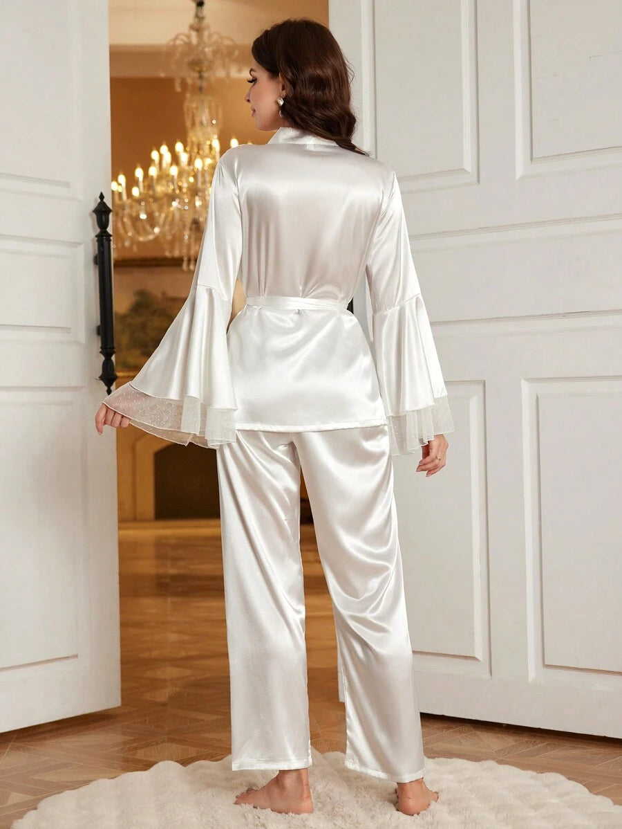SHEIN Crystal Vow طقم بيجامة 2 قطعة أكمام واسعة بحزام من قماش حرير