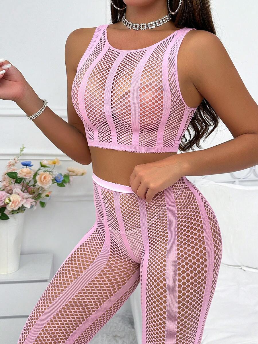SHEIN مجموعة ملابس علوية شبكية وبنطلون ضيق عالي الخصر