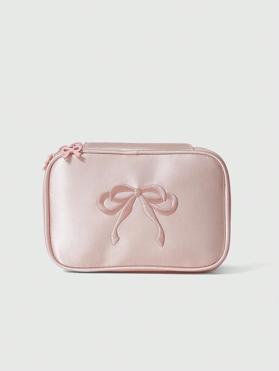 SHEIN ROMWE Kawaii حقيبة مكياج ساتان وردية مطرزة بشريطة