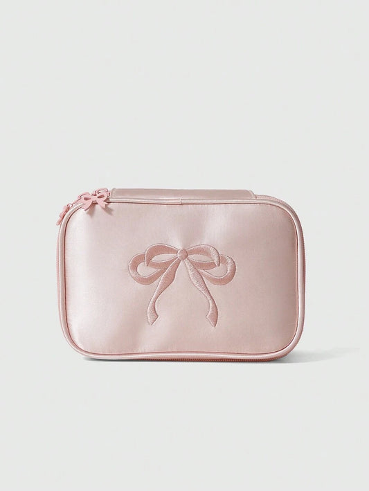 SHEIN ROMWE Kawaii حقيبة مكياج ساتان وردية مطرزة بشريطة