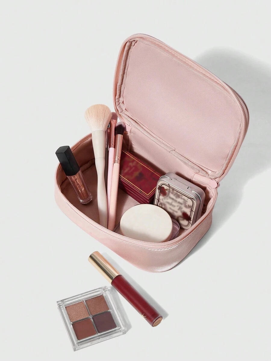 SHEIN ROMWE Kawaii حقيبة مكياج ساتان وردية مطرزة بشريطة