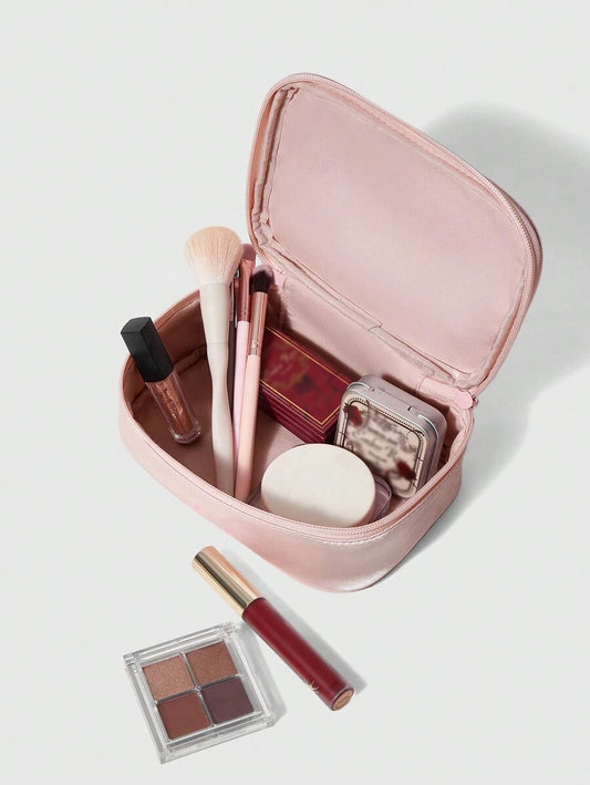 SHEIN ROMWE Kawaii حقيبة مكياج ساتان وردية مطرزة بشريطة