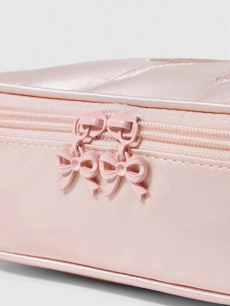 SHEIN ROMWE Kawaii حقيبة مكياج ساتان وردية مطرزة بشريطة