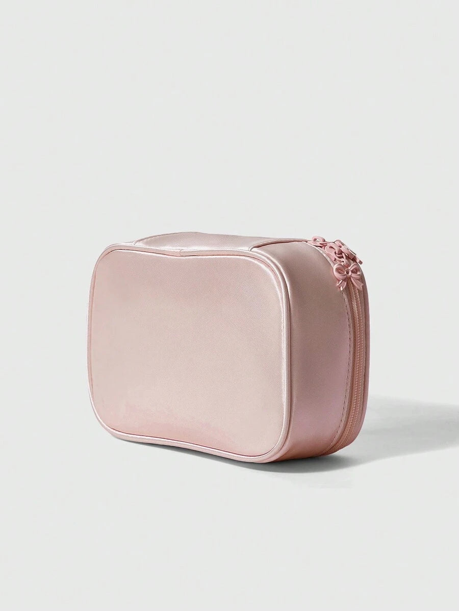 SHEIN ROMWE Kawaii حقيبة مكياج ساتان وردية مطرزة بشريطة