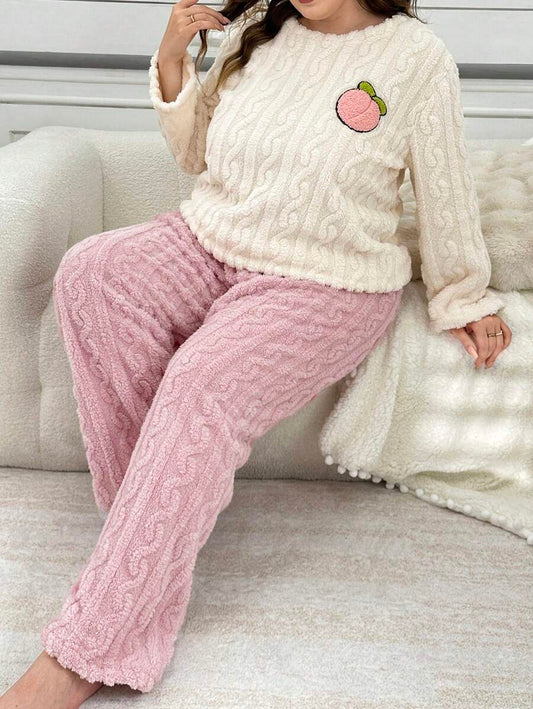 SHEIN بيجامة 2 قطعة مبطن فرو وبنطال وردي