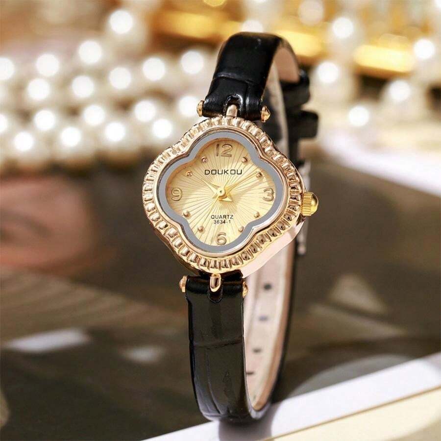 SHEIN DOUKOU ساعة نسائية عصرية بحزام بسيط وزخرفة برسيم رباعي الحظ