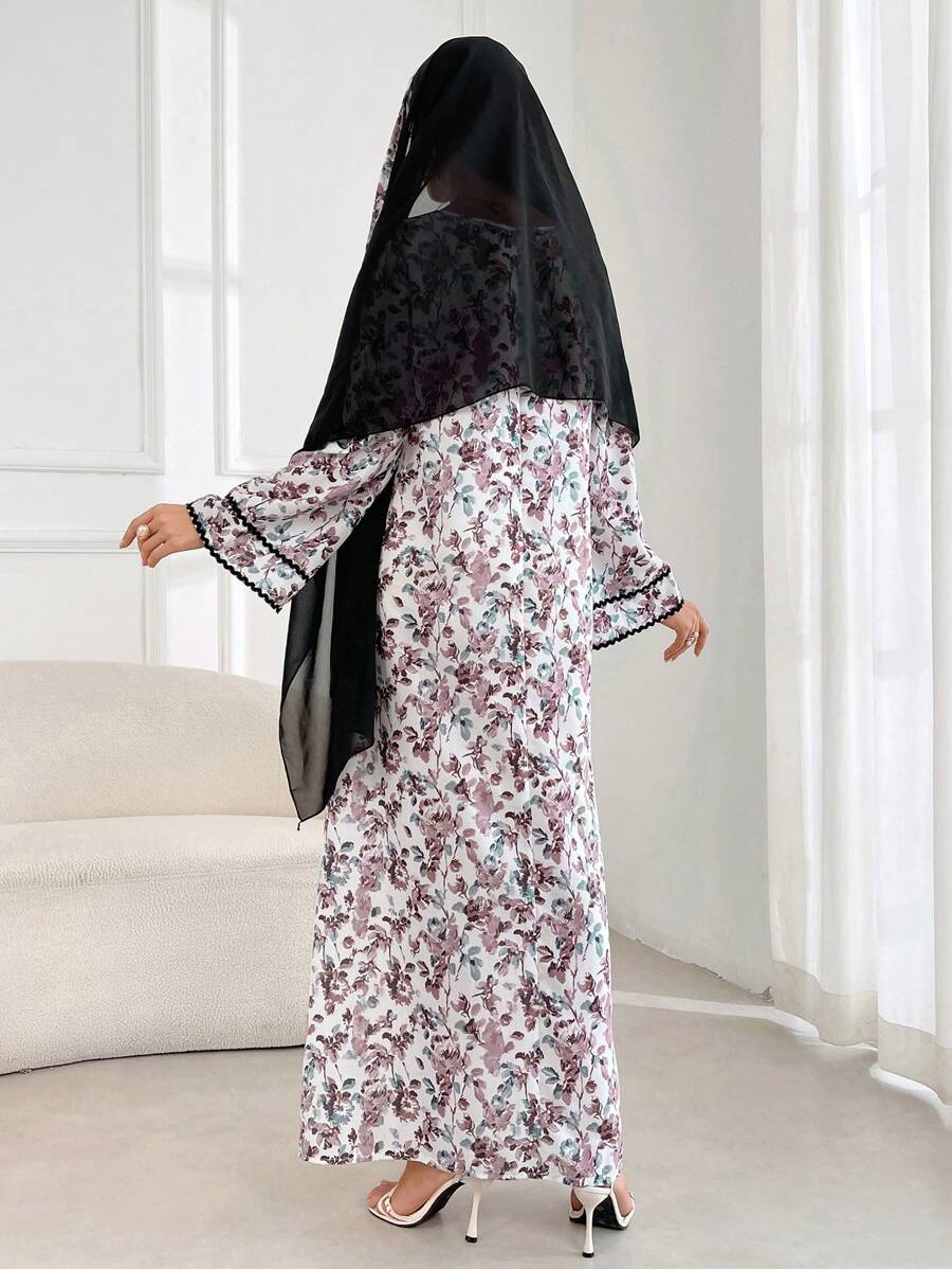 SHEIN Al Najma فستان عباية بياقة دائرية مزينة بالأزهار مع وشاح رأس محتشم