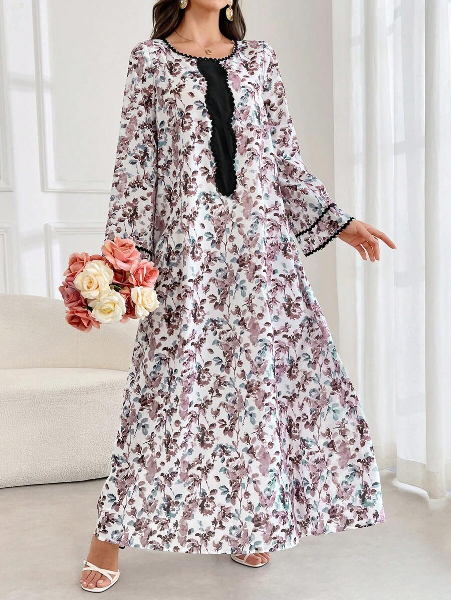 SHEIN Al Najma فستان عباية بياقة دائرية مزينة بالأزهار مع وشاح رأس محتشم