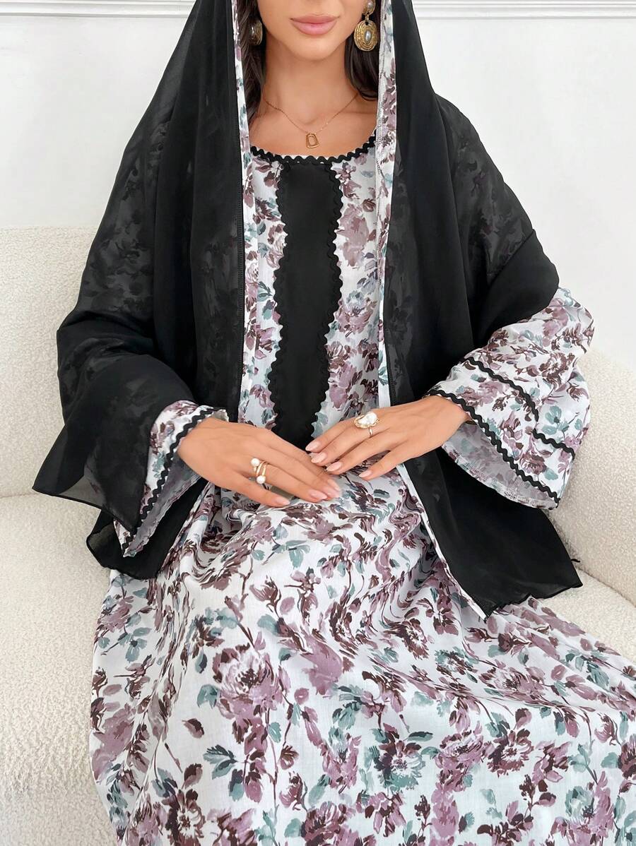SHEIN Al Najma فستان عباية بياقة دائرية مزينة بالأزهار مع وشاح رأس محتشم