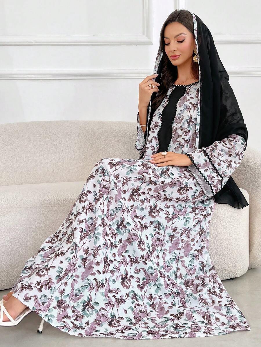 SHEIN Al Najma فستان عباية بياقة دائرية مزينة بالأزهار مع وشاح رأس محتشم