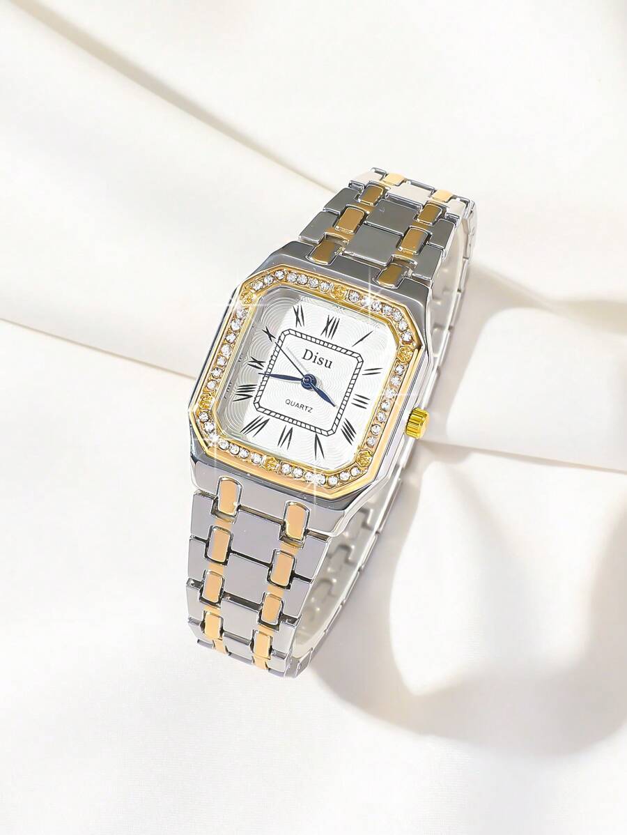 SHEIN DISU ساعة نسائية كلاسيك ستانلس ستيل ذهبي عقارب كريستال