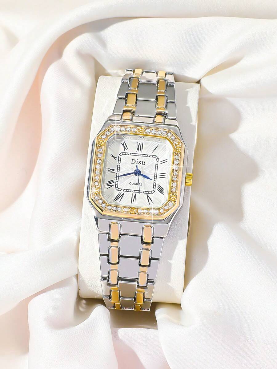 SHEIN DISU ساعة نسائية كلاسيك ستانلس ستيل ذهبي عقارب كريستال