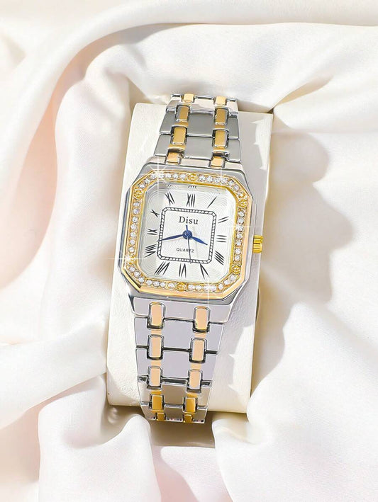 SHEIN DISU ساعة نسائية كلاسيك ستانلس ستيل ذهبي عقارب كريستال