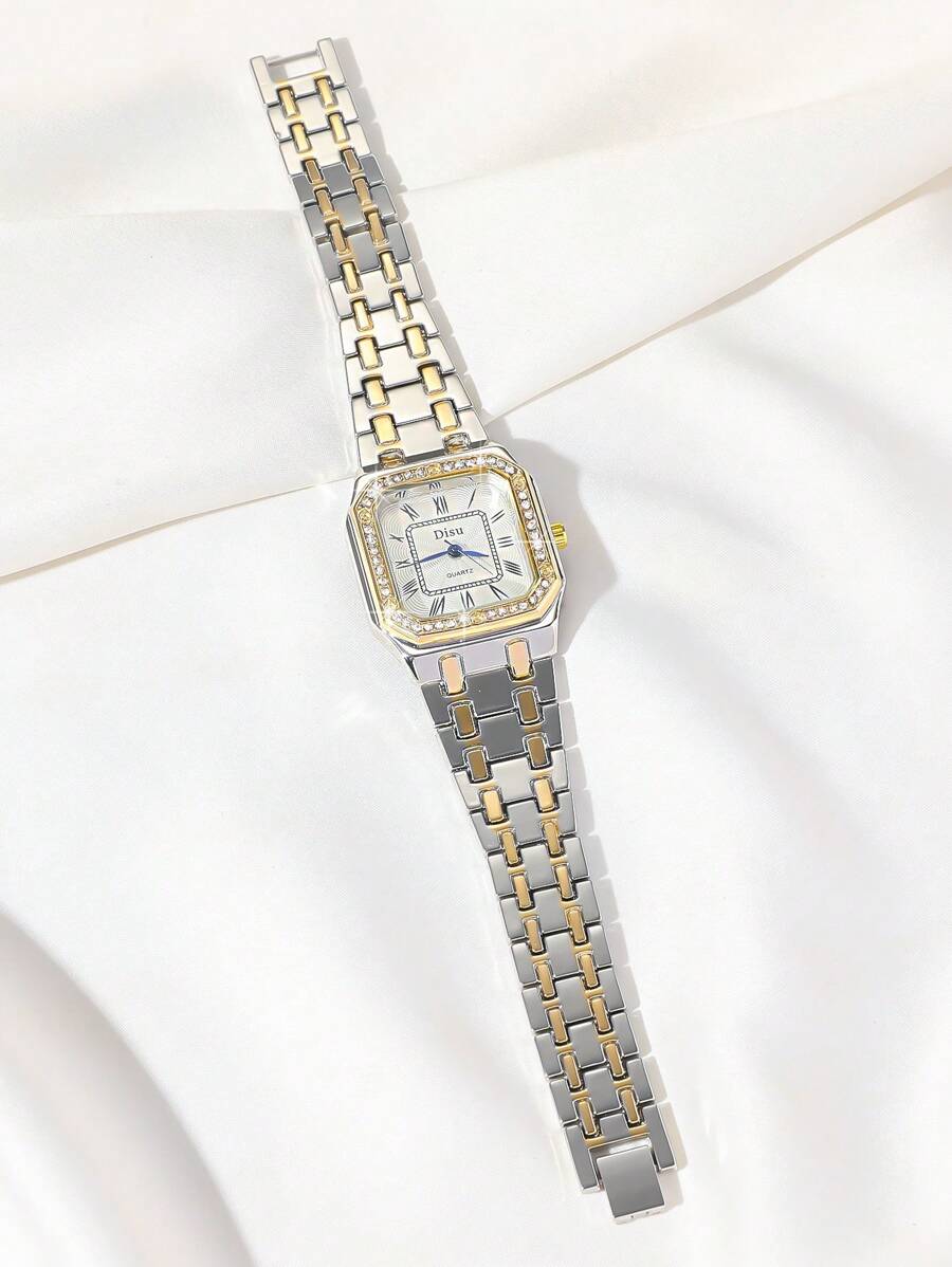SHEIN DISU ساعة نسائية كلاسيك ستانلس ستيل ذهبي عقارب كريستال