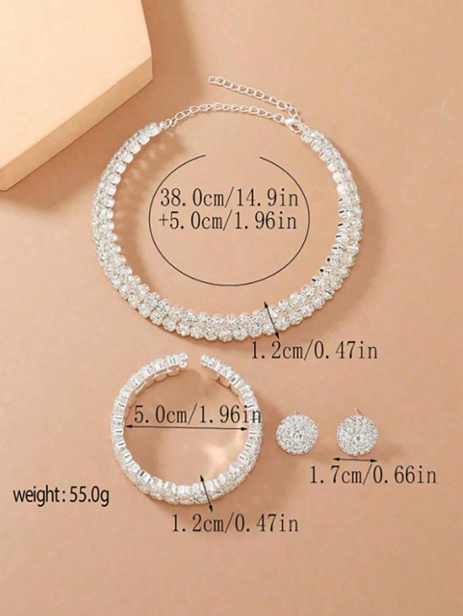 SHEIN طقم مجوهرات فضي قلادة وأقراط وسوار كريستالات