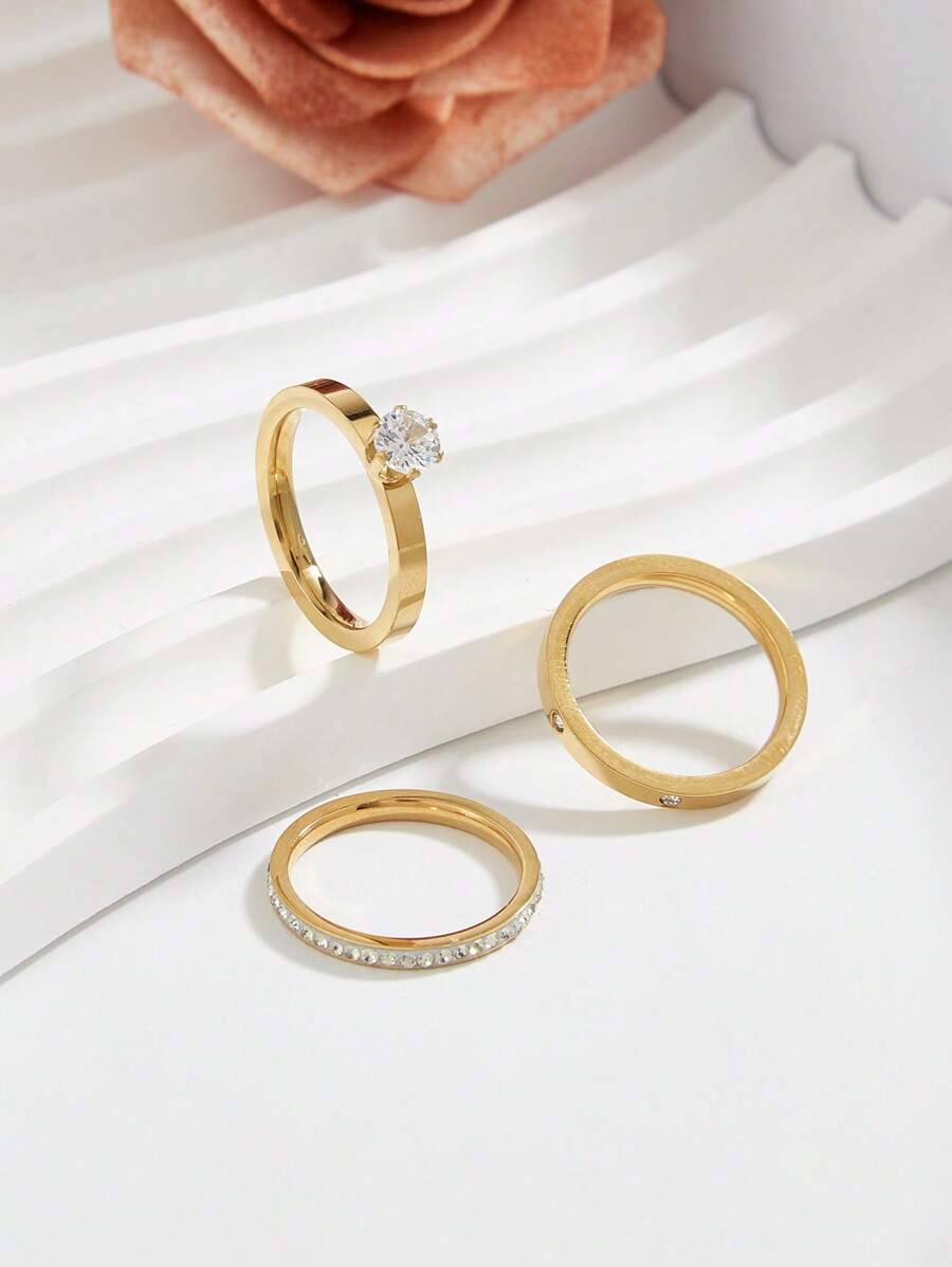 SHEIN حلقات ستانلس ستيل مطلية ذهب 18 قيراط بزركون كوبيك