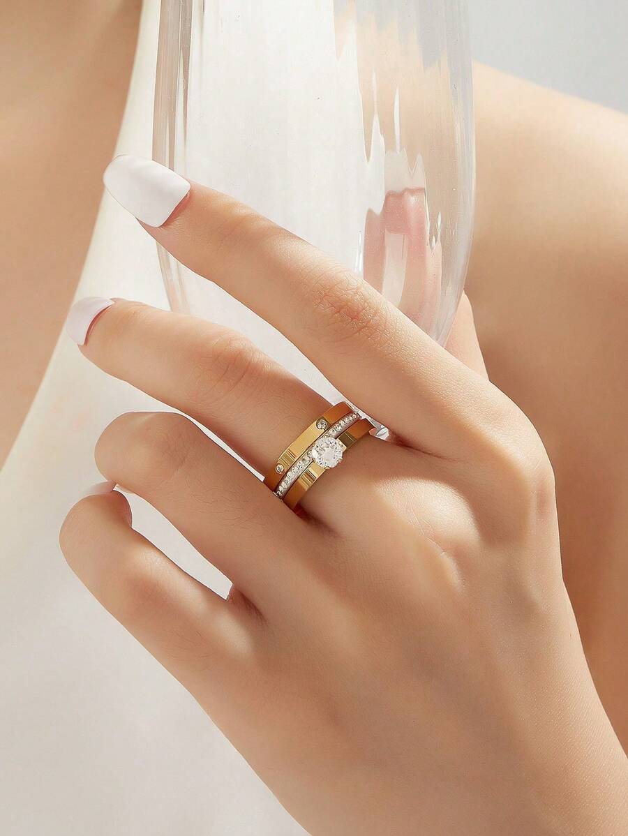 SHEIN حلقات ستانلس ستيل مطلية ذهب 18 قيراط بزركون كوبيك