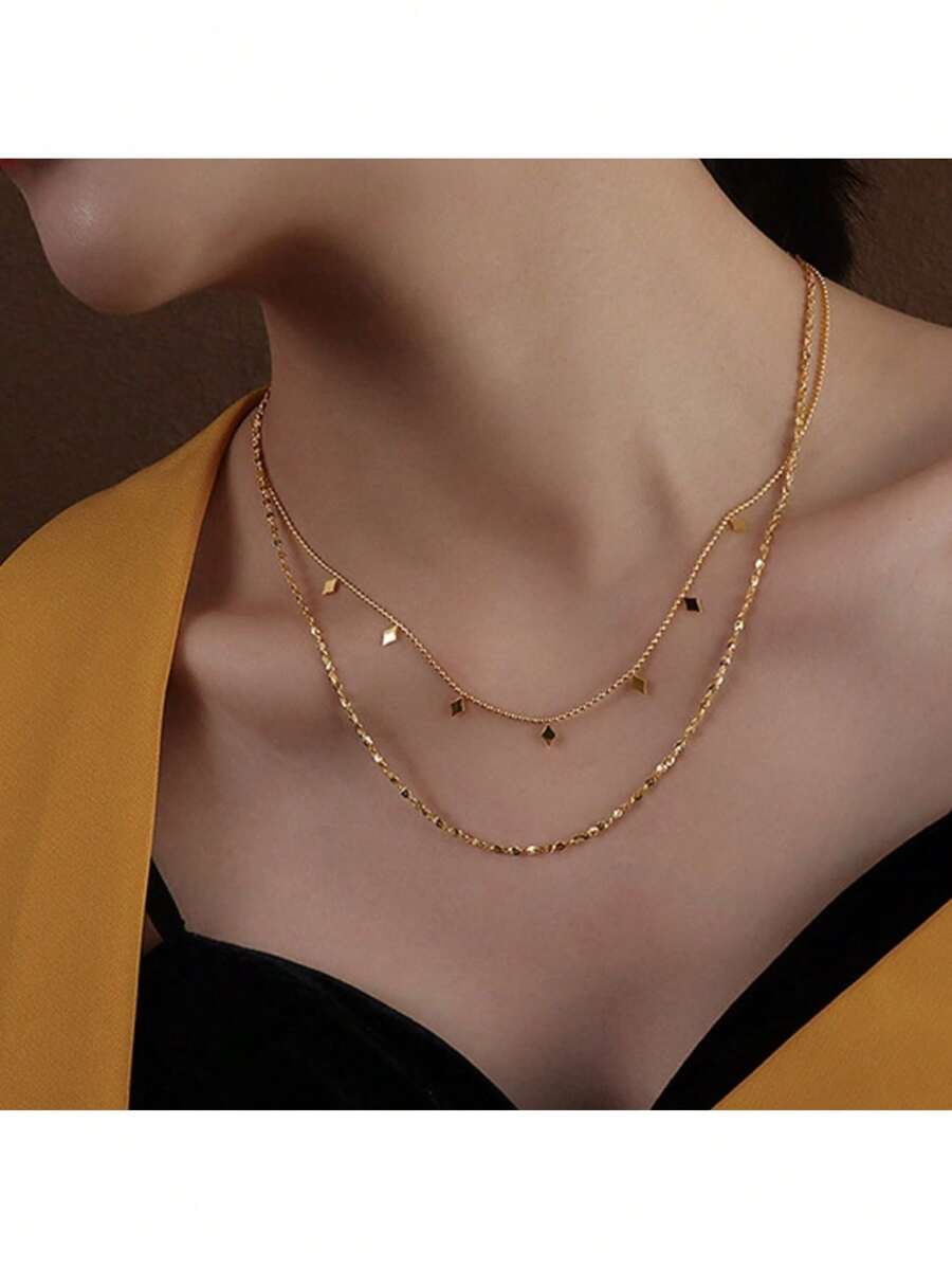 SHEIN قلادة فولاذية بطبقتين مزينة بخيوط كشكشة وخرز ذهبي