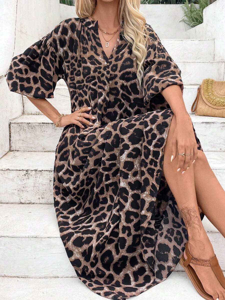 SHEIN EMERY ROSE V فستان ماكسي بوهيمي بطبعة نمر وأكمام منتفخة بياقة