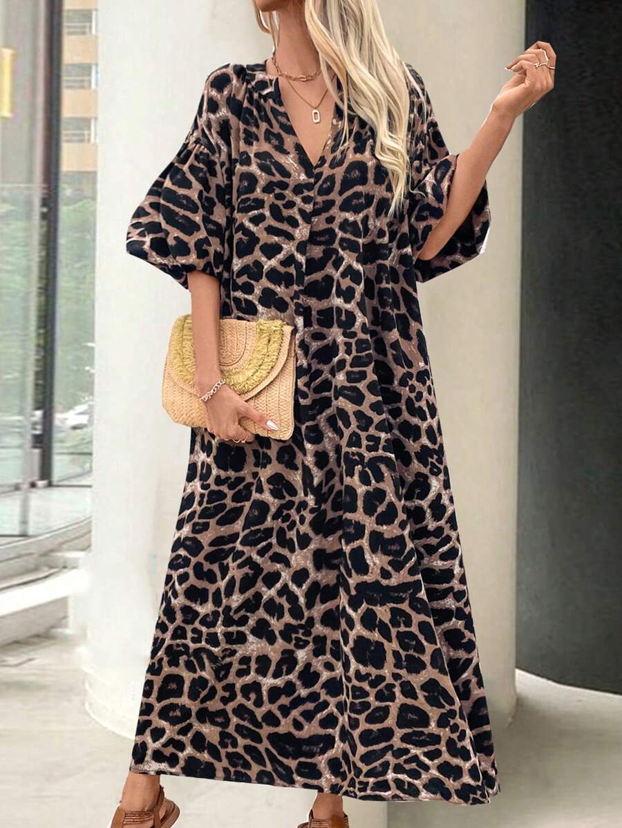 SHEIN EMERY ROSE V فستان ماكسي بوهيمي بطبعة نمر وأكمام منتفخة بياقة