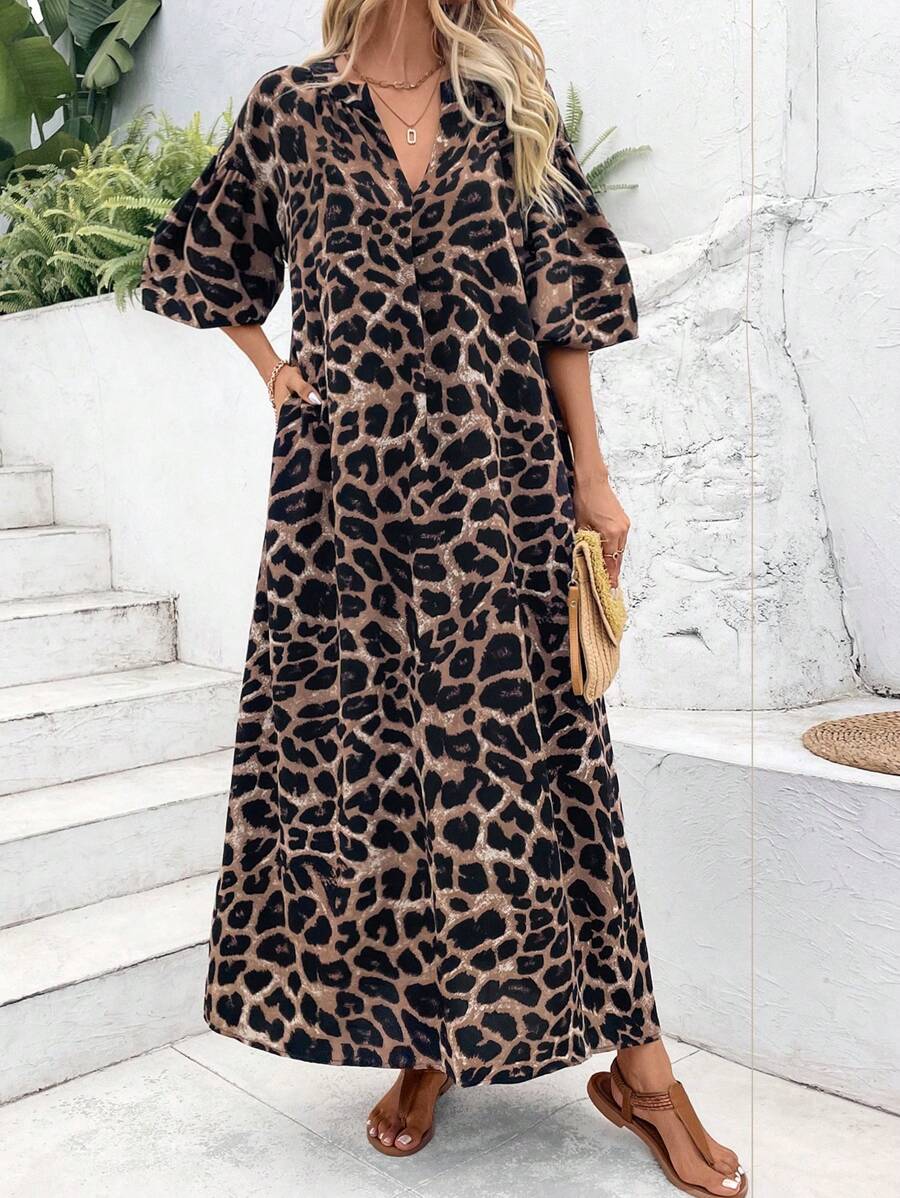 SHEIN EMERY ROSE V فستان ماكسي بوهيمي بطبعة نمر وأكمام منتفخة بياقة