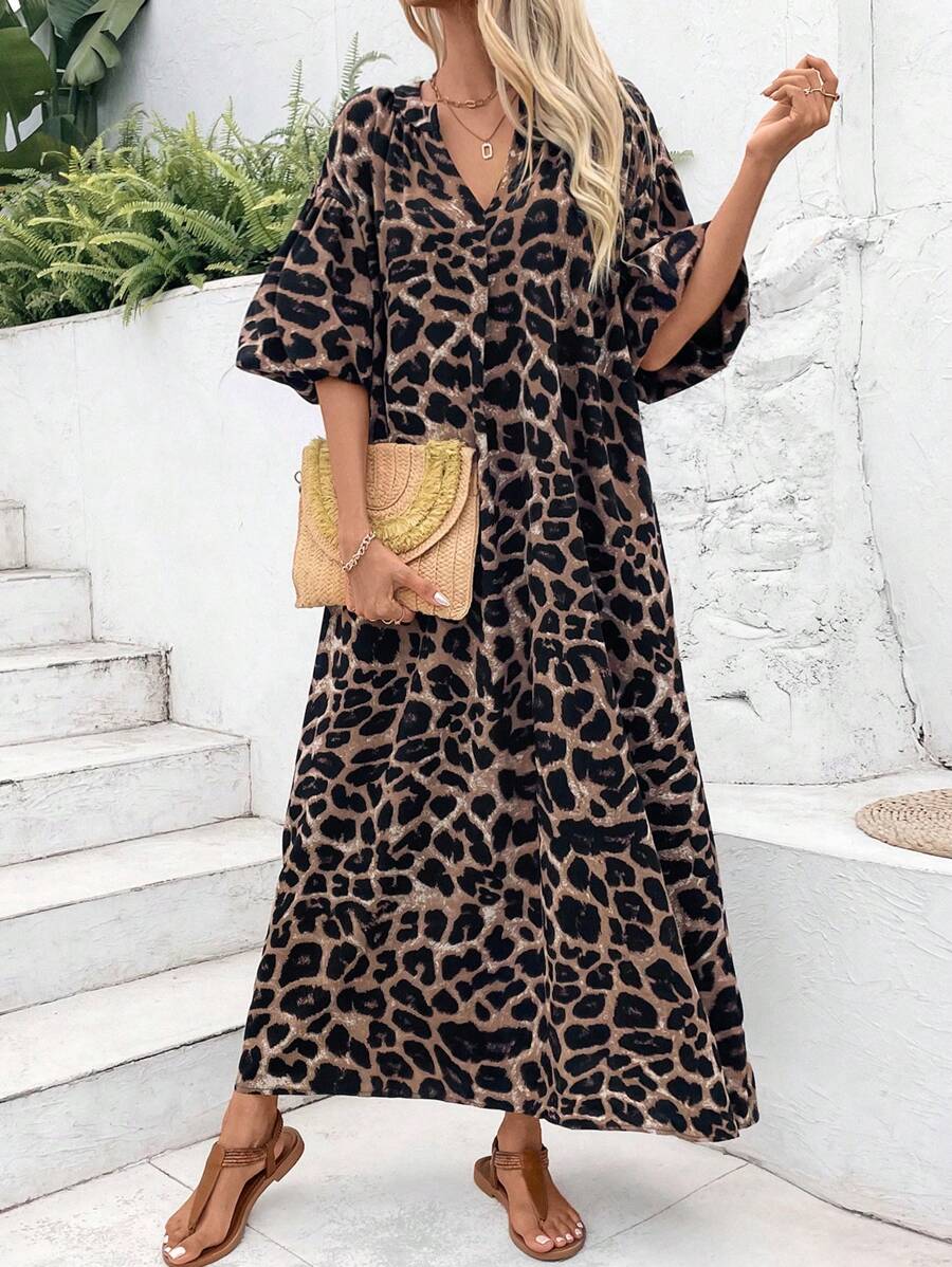 SHEIN EMERY ROSE V فستان ماكسي بوهيمي بطبعة نمر وأكمام منتفخة بياقة