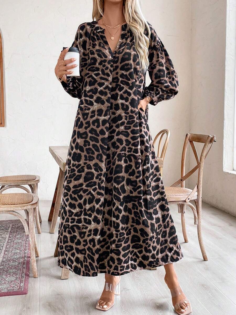SHEIN EMERY ROSE V فستان ماكسي بوهيمي بطبعة نمر وأكمام منتفخة بياقة