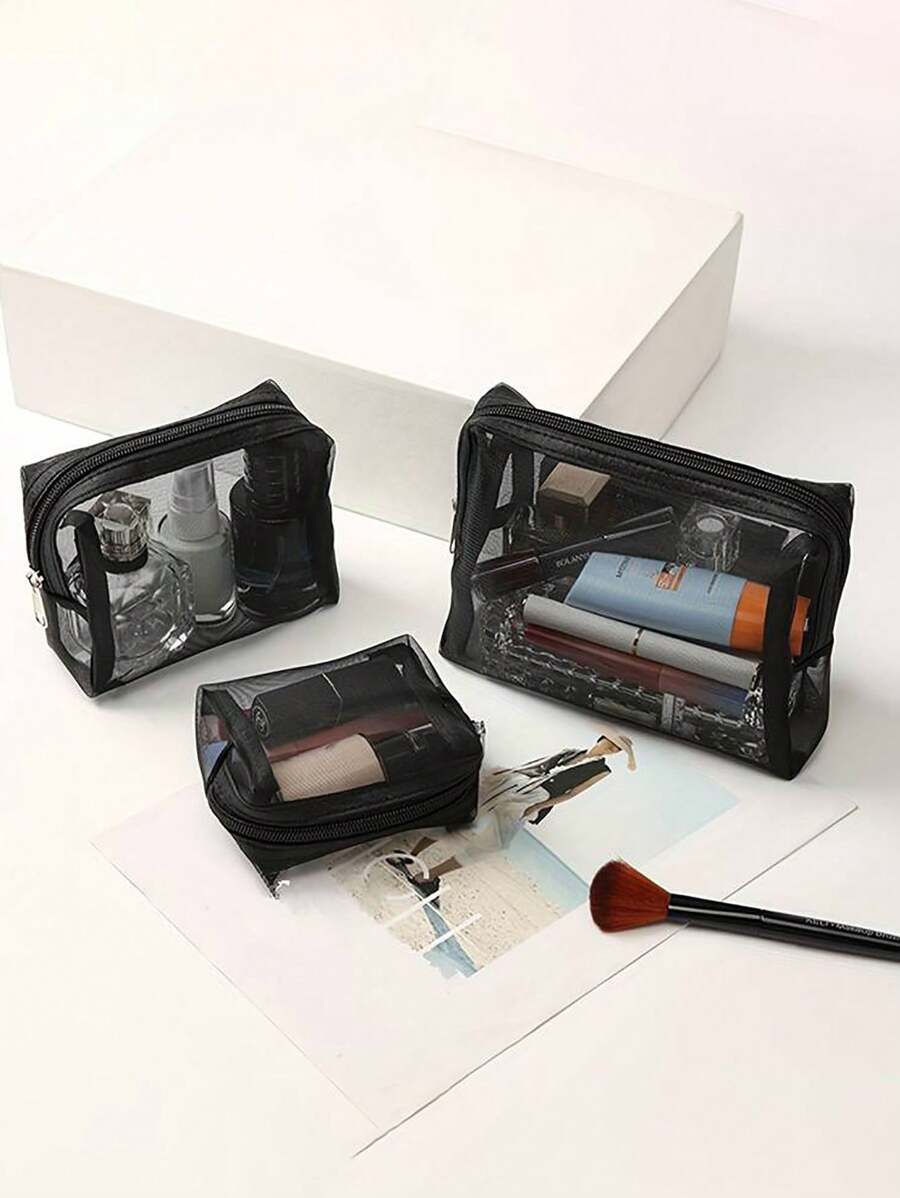 SHEIN مجموعة حقائب مكياج شفافة من الشبك بسحاب