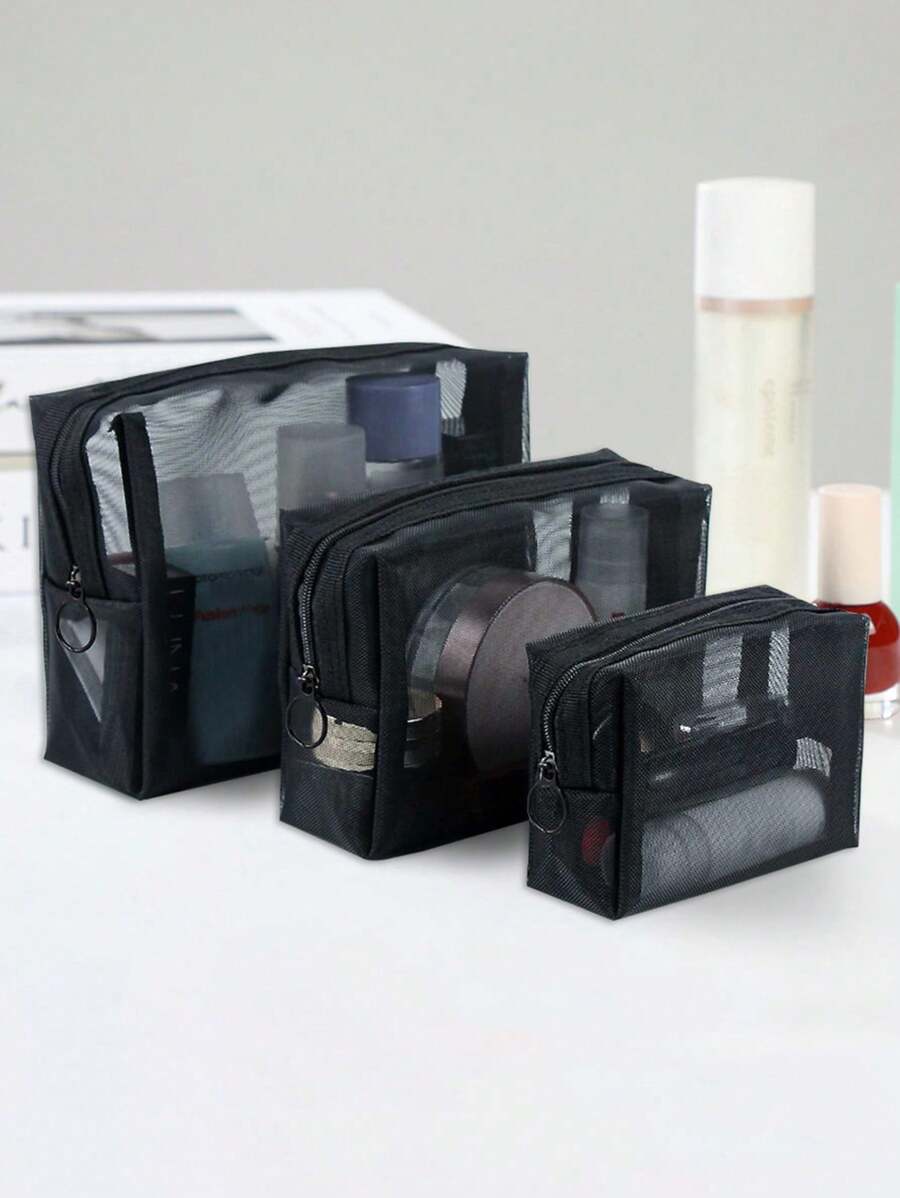 SHEIN مجموعة حقائب مكياج شفافة من الشبك بسحاب