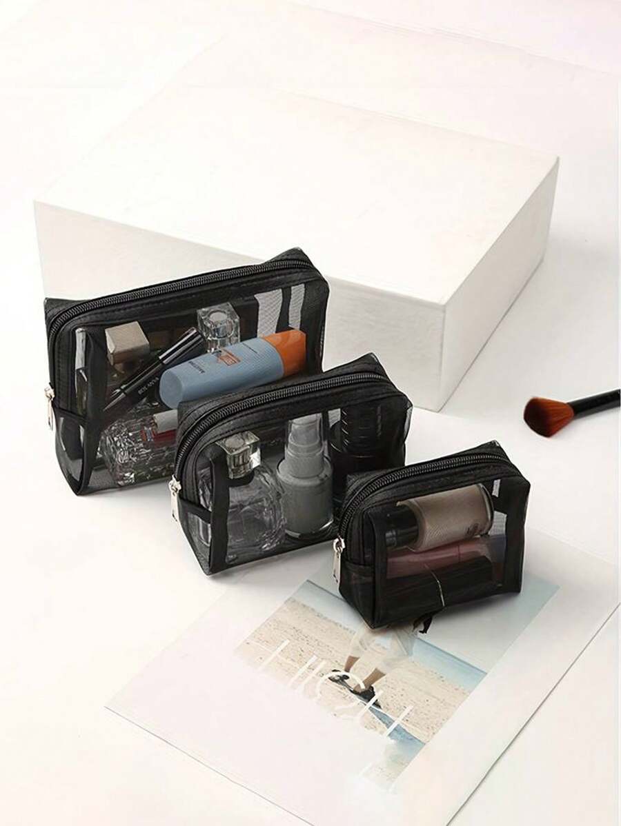 SHEIN مجموعة حقائب مكياج شفافة من الشبك بسحاب