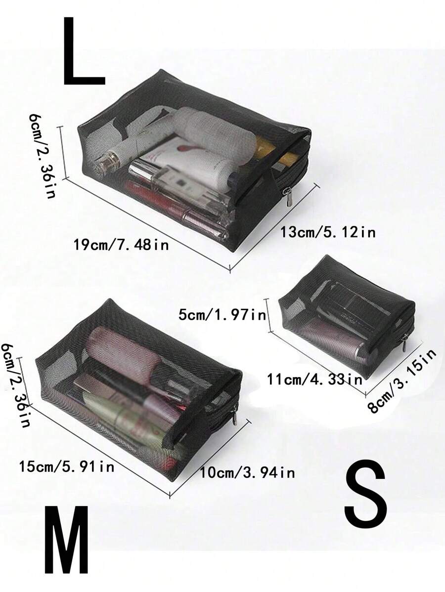 SHEIN مجموعة حقائب مكياج شفافة من الشبك بسحاب