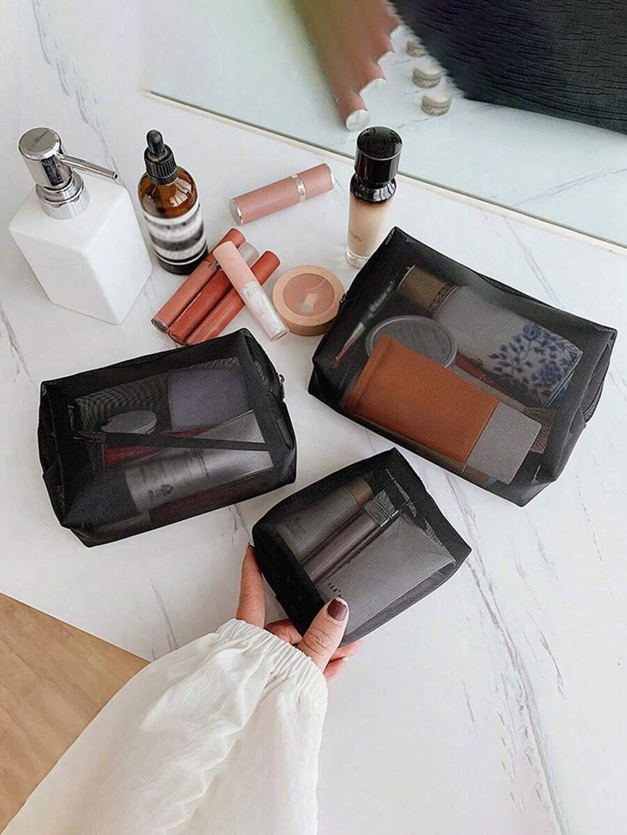 SHEIN مجموعة حقائب مكياج شفافة من الشبك بسحاب