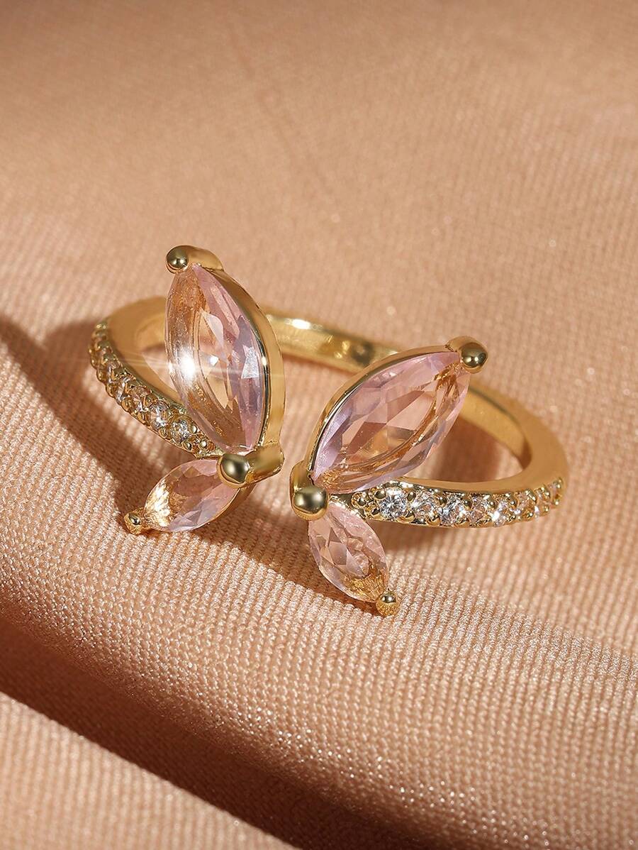 SHEIN خاتم قابل للتعديل بتصميم فراشة بزركونيا مكعبة
