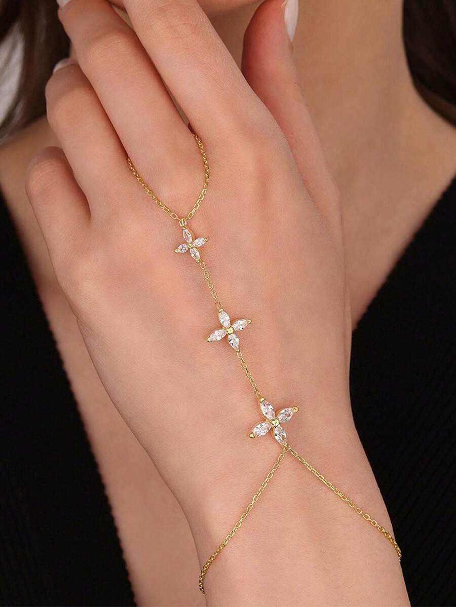 SHEIN STONEFANS سوار إصبع زهرة مرصع بالزركونيا