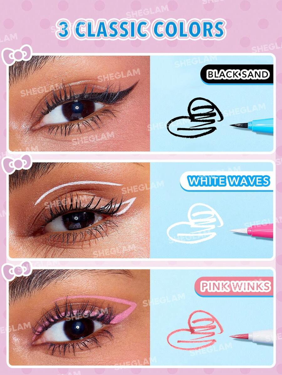 SHEGLAM Hello Kitty Make Waves White Waves آيلاينر مقاوم للماء 3 ألوان بلون