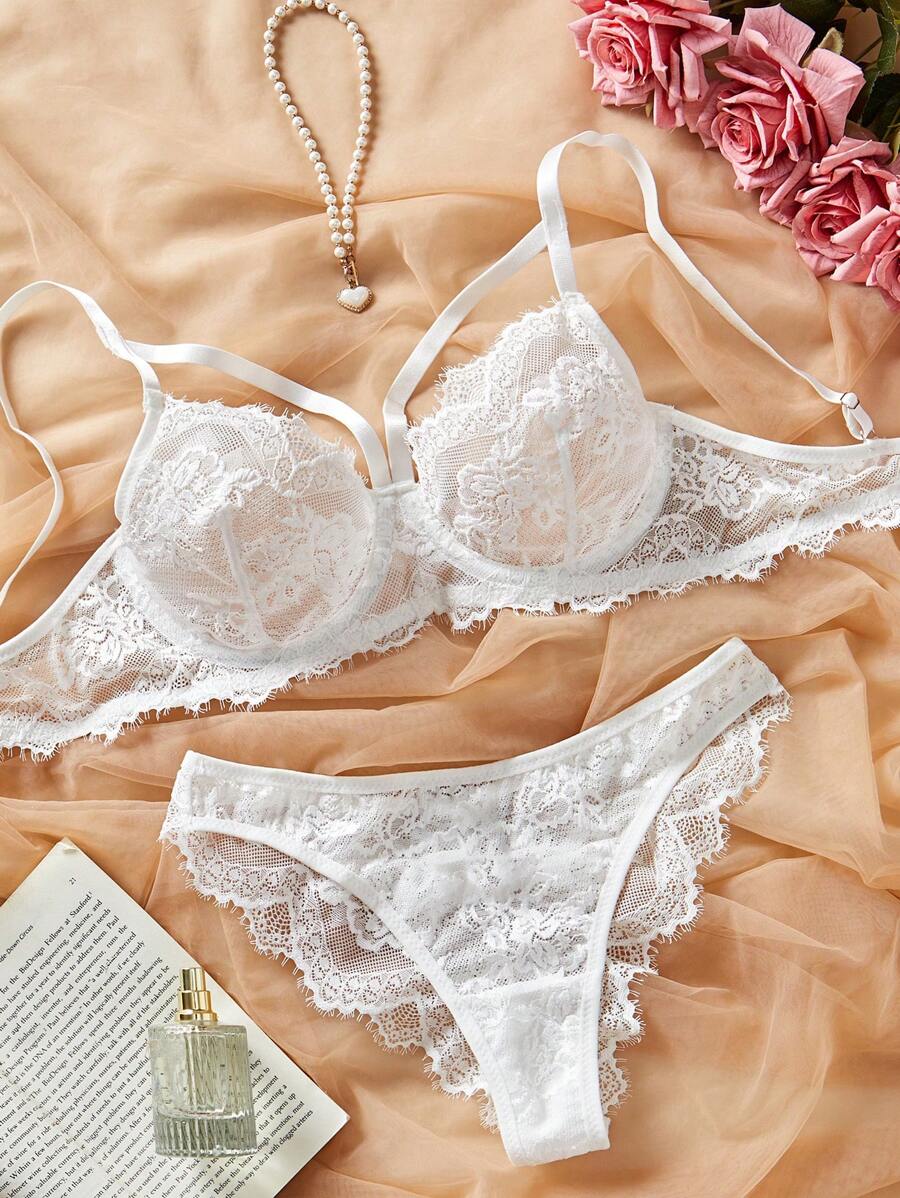 SHEIN طقم لانجري ابيض دانتيل قطعتين