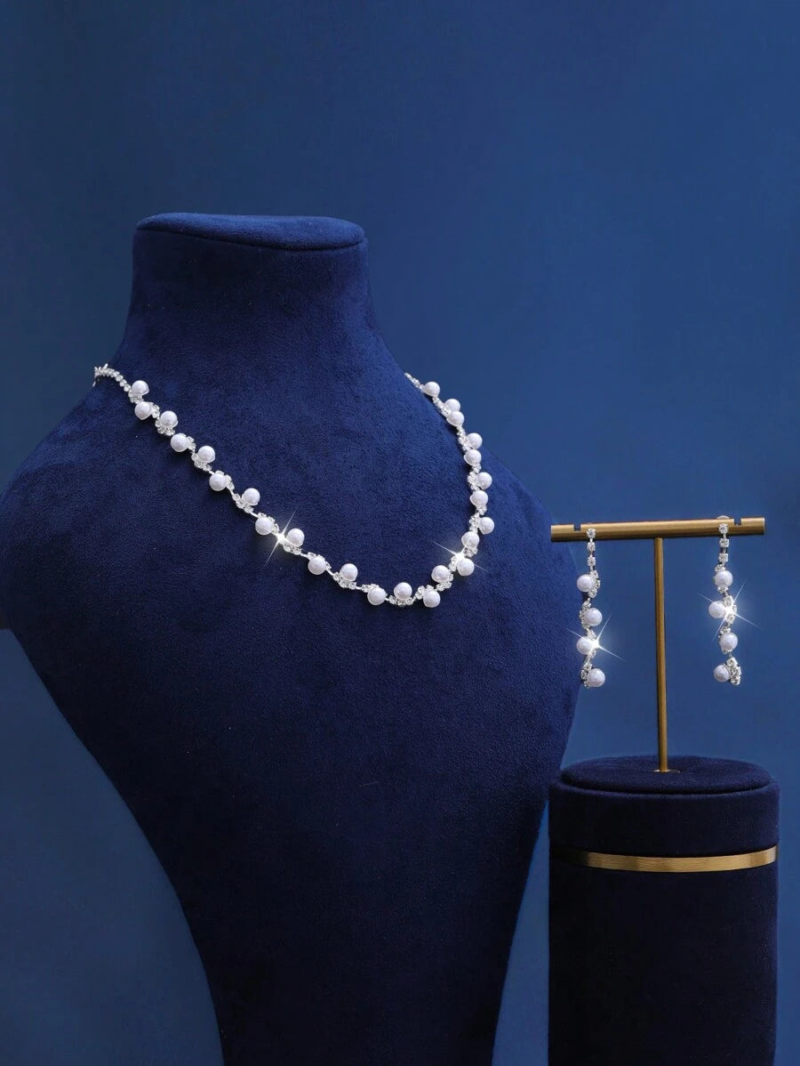 SHEIN طقم مجوهرات 3 قطع ابيض مرصع بالألماس واللؤلؤ
