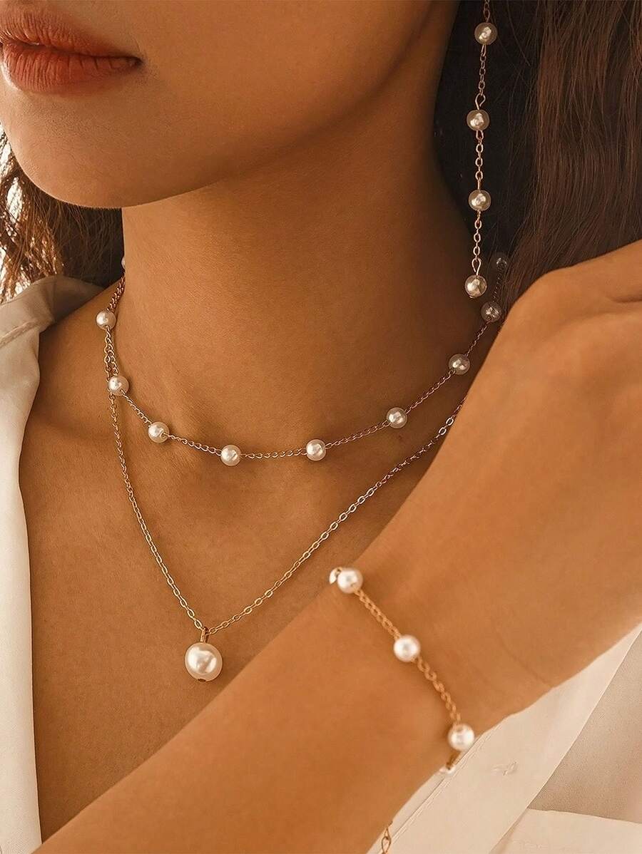 SHEIN طقم مجوهرات كلاسيكي مزين بخرز زجاج أصفر