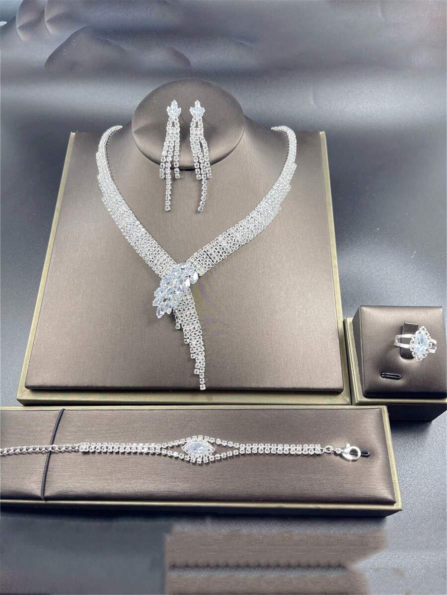SHEIN طقم مجوهرات فضي 4 قطع ببلورات لامعة