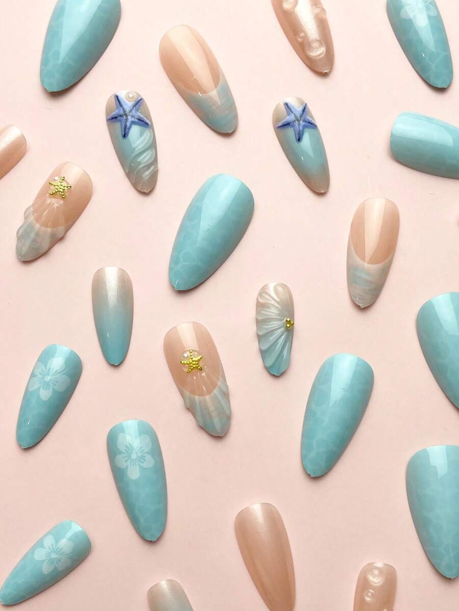 SHEIN أظافر جميلة فرنسية على شكل اللوز مكون من 24قطعة