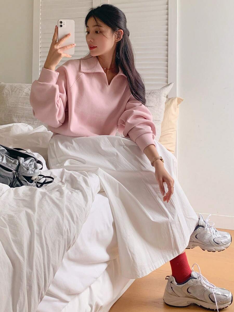 SHEIN DAZY بلوزة رياضية بياقة عالية وأكمام طويلة كاجوال