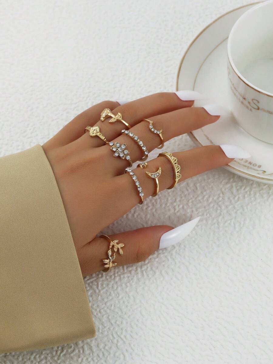 SHEIN مجموعة 9 خواتم قمر مزينة بالراين