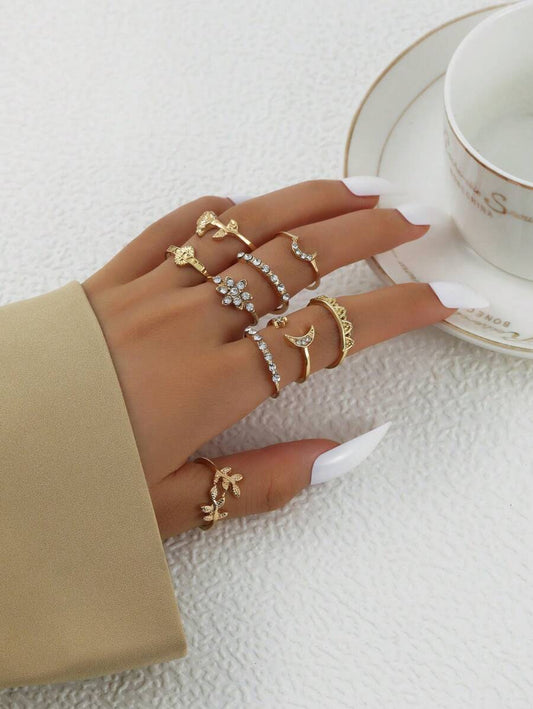 SHEIN مجموعة 9 خواتم قمر مزينة بالراين