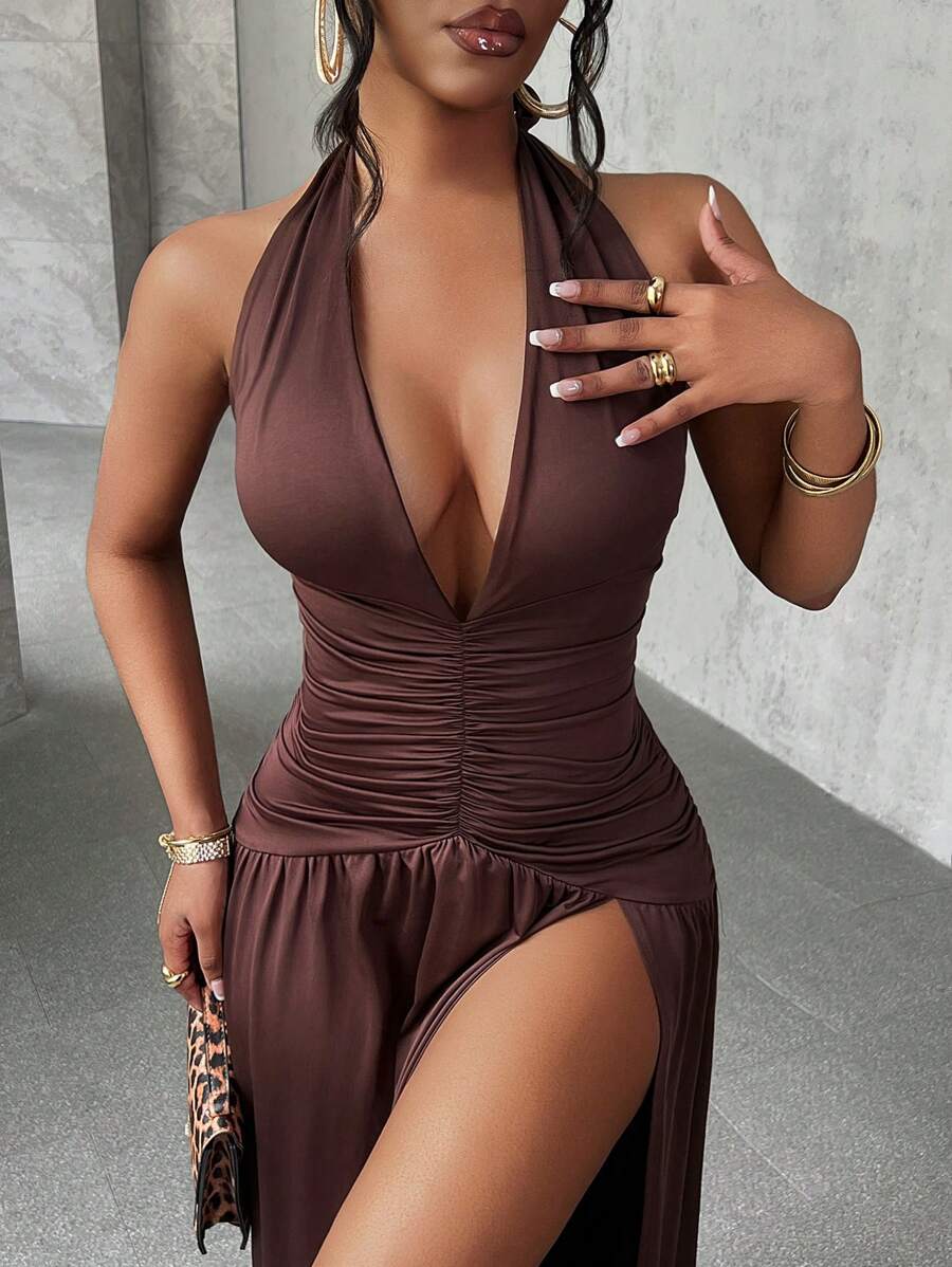 SHEIN Slaydiva فستان بني بفتحة عالية للفخذ وظهر مكشوف