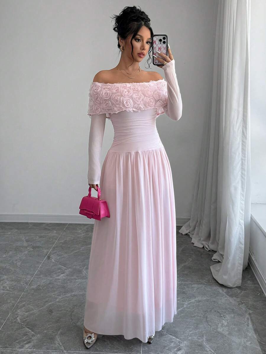 SHEIN Glyssa فستان ماكسي وردي مزين بالفراشات وكتف مكشوف