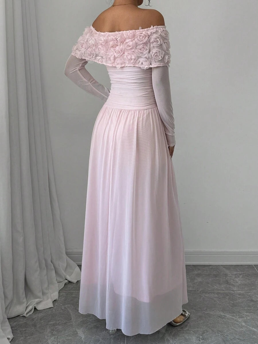 SHEIN Glyssa فستان ماكسي وردي مزين بالفراشات وكتف مكشوف