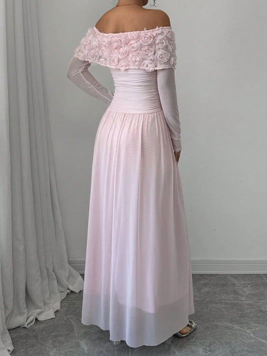 SHEIN Glyssa فستان ماكسي وردي مزين بالفراشات وكتف مكشوف