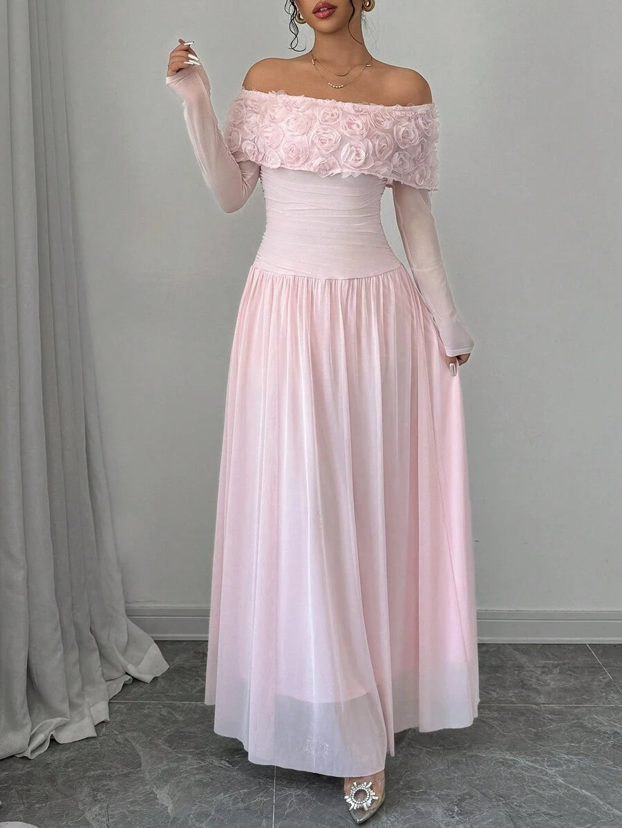 SHEIN Glyssa فستان ماكسي وردي مزين بالفراشات وكتف مكشوف